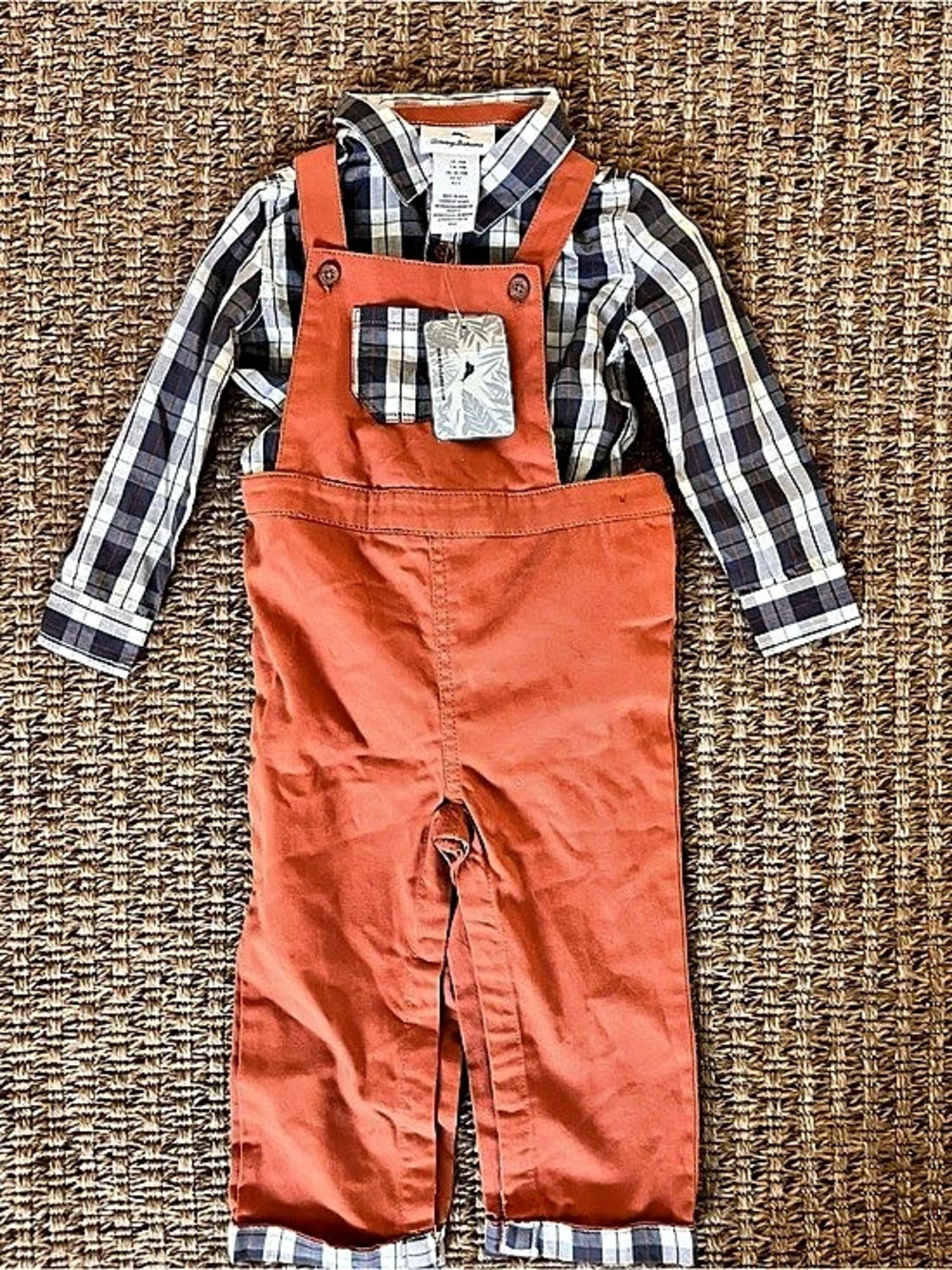 Tommy Bahama Baby Boy Plaid Shirt and Overalls Set, Orange, 24M
